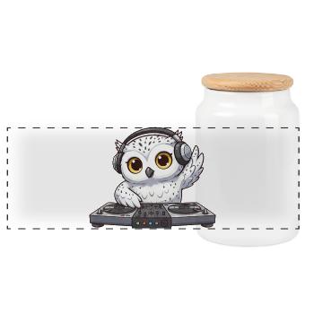Owl DJ Dancing Techno Disco Electronic Music - Panoramic Cookie Jar with Wooden Lid - white - Front