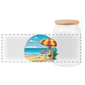 Strandurlaub Cartoon mit Sonnenschirm - Panorama Keksdose mit Holzdeckel - Weiß - Vorne
