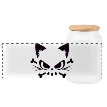 Cats Skull | Minimal Skull & Bones motif - Panoramic Cookie Jar with Wooden Lid - white - Front