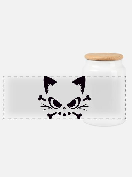 Katzen Totenkopf | Minimal Skull & Bones Motiv - Panorama Keksdose mit Holzdeckel - Weiß