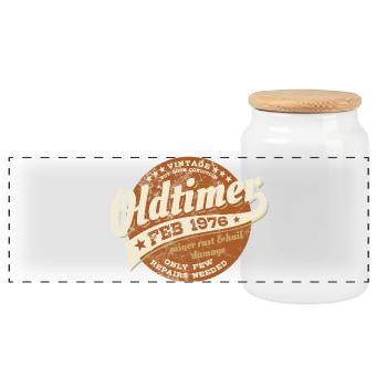 Oldtimer Februar 1976 - Geburtstag - Geschenk - Panorama Keksdose mit Holzdeckel - Weiß - Vorne