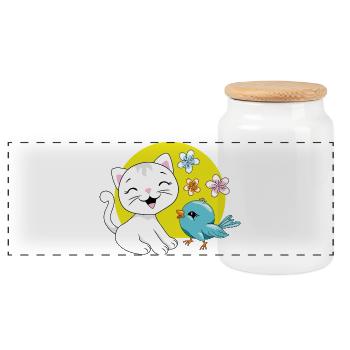 The white kitten and the blue birdie - Panoramic Cookie Jar with Wooden Lid - white - Front