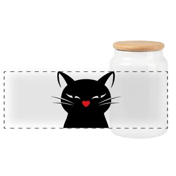 Visage de chat mignon avec un nez en cœur rouge | Chat en dessin linéaire - Boîte à biscuits avec couvercle en bois - blanc - Devant