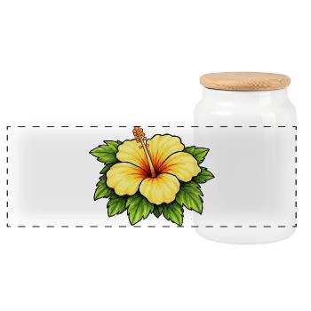 Yellow Hibiscus Tropical Print - Panoramic Cookie Jar with Wooden Lid - white - Front