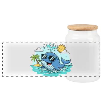 Beach whale with sunglasses - Panoramic Cookie Jar with Wooden Lid - white - Front