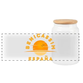 Benicassim España Sunset Logo - Panoramic Cookie Jar with Wooden Lid - white - Front