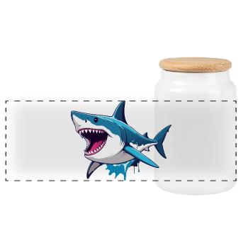 Cheerful Great White Shark Spritz Effect Maritime Motif - Panoramic Cookie Jar with Wooden Lid - white - Front