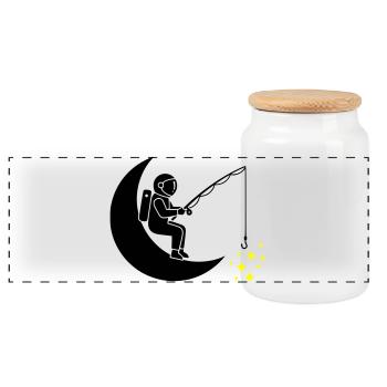 Astronaut Fishing Star Moon - Panoramic Cookie Jar with Wooden Lid - white - Front