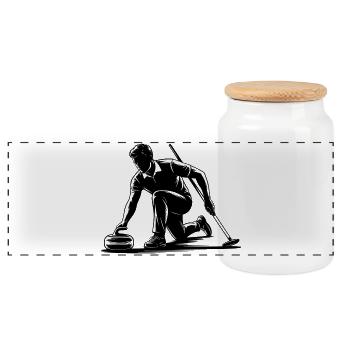 Curling Man Athlete Action Silhouette - Panoramic Cookie Jar with Wooden Lid - white - Front