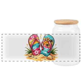 Flip Flops on the Beach Illustration - Panoramic Cookie Jar with Wooden Lid - white - Front