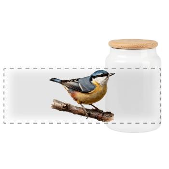 Nuthatch on branch - Panoramic Cookie Jar with Wooden Lid - white - Front