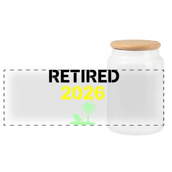 Retired 2026 Rente Palme - Panorama Keksdose mit Holzdeckel - Weiß - Vorne