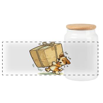 Heureux chien de transport de colis - Boîte à biscuits avec couvercle en bois - blanc - Devant