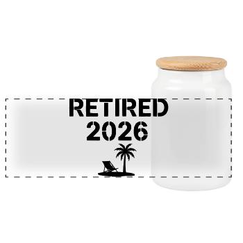 Retired 2026 Rente Palme Strand - Panorama Keksdose mit Holzdeckel - Weiß - Vorne