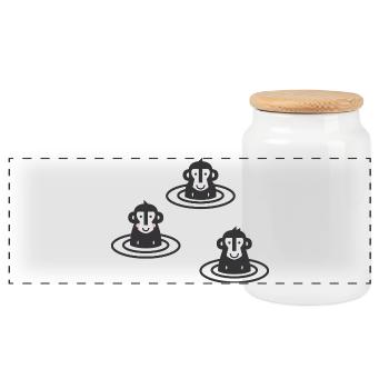 Three Japanese snow monkeys l macaques in onsen l black - Panoramic Cookie Jar with Wooden Lid - white - Front