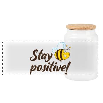 Stay positive Happy Bee Good Mood - Panoramic Cookie Jar with Wooden Lid - white - Front