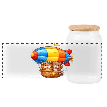 Zeppelin Animals Motif Cartoon Airship - Panoramic Cookie Jar with Wooden Lid - white - Front
