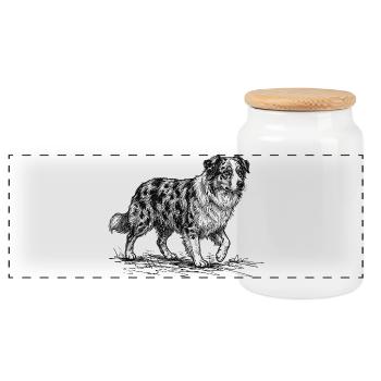 Australian Shepherd Sketch – Hund Design - Panorama Keksdose mit Holzdeckel - Weiß - Vorne