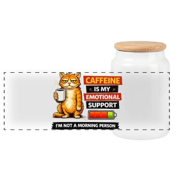 Caffeinated Cat Morning Mood - Panoramic Cookie Jar with Wooden Lid - white - Front