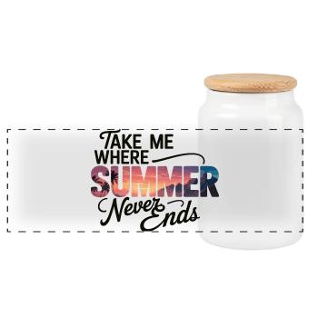 Vacation Sun Beach T-Shirt Summer Never Ends - Panoramic Cookie Jar with Wooden Lid - white - Front