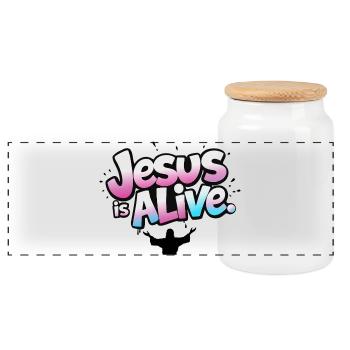 Jesus Is Alive Christian Resurrection Design - Panoramic Cookie Jar with Wooden Lid - white - Front