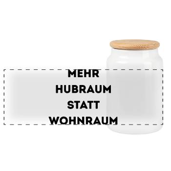 Mehr Hubraum statt Wohnraum – Lustiger Auto Spruch - Panorama Keksdose mit Holzdeckel - Weiß - Vorne