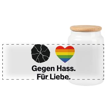 Liebe statt Hass Regenbogen Herz Spruch - Panorama Keksdose mit Holzdeckel - Weiß - Vorne