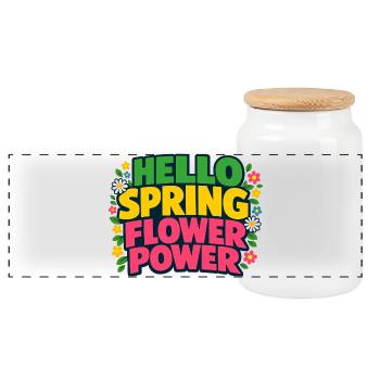 Hello Spring Flower Power Spring Saying - Panoramic Cookie Jar with Wooden Lid - white - Front