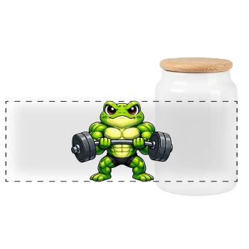 Strong frog with dumbbell cartoon - Panoramic Cookie Jar with Wooden Lid - white - Front