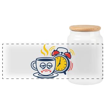 Müder Kaffee & Wecker–Lustiges Morgenmuffel Motiv - Panorama Keksdose mit Holzdeckel - Weiß - Vorne