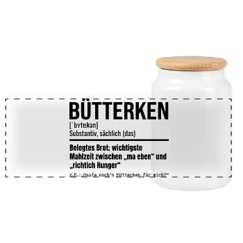 Bütterken Definition, Ruhrpott, Ruhrgeiet Dialekt - Panorama Keksdose mit Holzdeckel - Weiß - Vorne