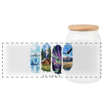 Alaska Vacation Travel – Wilderness & Northern Lights Motif - Panoramic Cookie Jar with Wooden Lid - white - Front
