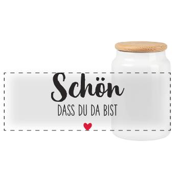 Schön, dass du da bist – mit Herz Textdesign - Panorama Keksdose mit Holzdeckel - Weiß - Vorne