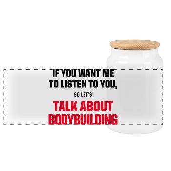 Talk About Bodybuilding Funny Gym Motivation Quote - Panorama Keksdose mit Holzdeckel - Weiß - Vorne