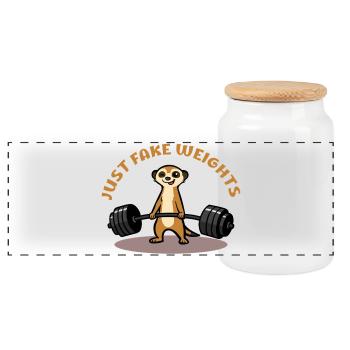Meerkat Kraftprobe: Just Fake Weights - Panorama Keksdose mit Holzdeckel - Weiß - Vorne
