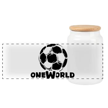 Soccer One World with Ball Graphic - Panoramic Cookie Jar with Wooden Lid - white - Front