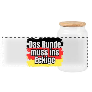 Das Runde muss ins Eckige - Spruch - Panorama Keksdose mit Holzdeckel - Weiß - Vorne