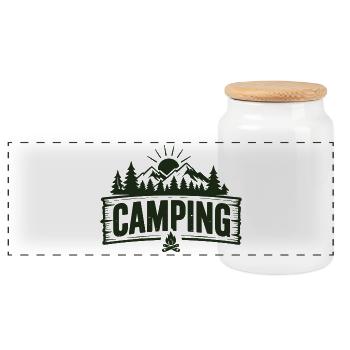 Camping Outdoor Mountain Adventure Tent - Panoramic Cookie Jar with Wooden Lid - white - Front