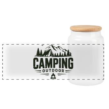 Camping Outdoor Mountain Adventure Tent - Panoramic Cookie Jar with Wooden Lid - white - Front