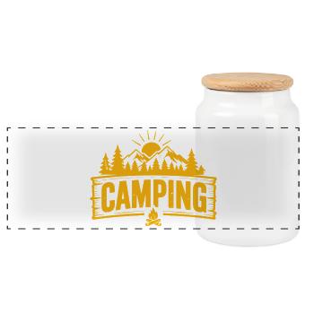 Camping Outdoor Mountain Adventure Tent - Panoramic Cookie Jar with Wooden Lid - white - Front