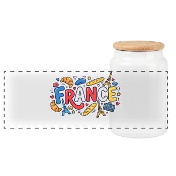 Hello France T-Shirt – Bemalte Trikolore-Flagge - Panorama Keksdose mit Holzdeckel - Weiß - Vorne