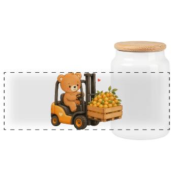 Ours avec des prunes mirabelles sur le chariot élévateur - Boîte à biscuits avec couvercle en bois - blanc - Devant