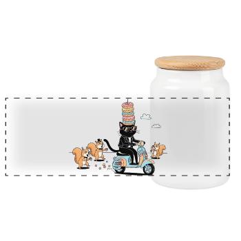 Donut Crown Cat Scooter Funny Cat Motif - Panoramic Cookie Jar with Wooden Lid - white - Front