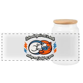 Schrödinger's cat: Sleeping and judging - Panoramic Cookie Jar with Wooden Lid - white - Front