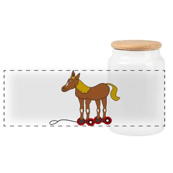 Dessin animé cheval avec des patins à roulettes - Boîte à biscuits avec couvercle en bois - blanc - Devant