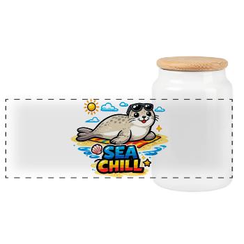 Sea Chill Seal on the Beach - Panoramic Cookie Jar with Wooden Lid - white - Front
