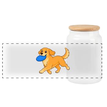 Fröhlicher, verspielter Hund mit Frisbee. - Panorama Keksdose mit Holzdeckel - Weiß - Vorne