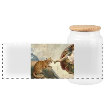 Cat Slaps God's Hand Funny Cats Meme - Panoramic Cookie Jar with Wooden Lid - white - Front