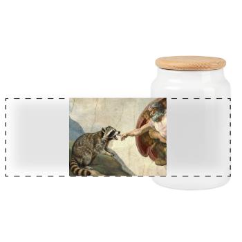 raccoon beating god's hand raccoon meme - Panoramic Cookie Jar with Wooden Lid - white - Front