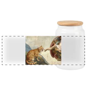 Cat Slaps God's Hand Funny Cats Meme - Panoramic Cookie Jar with Wooden Lid - white - Front
